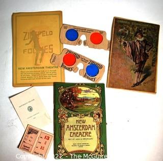 Group of Ephemera Including Zigfield Follies Program with Two (2) Shadowgraph Glasses, New Amsterdam Theater Program, Charles Dillingham's Globe Theatre Program and 1908 Dartmouth College Football Schedule and Dartmouth Vs Harvard Reserved Seat Football Tickets.