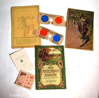 Group of Ephemera Including Zigfield Follies Program with Two (2) Shadowgraph Glasses, New Amsterdam Theater Program, Charles Dillingham's Globe Theatre Program and 1908 Dartmouth College Football Schedule and Dartmouth Vs Harvard Reserved Seat Football Tickets.