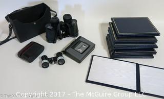 Collection including 2 pair of binoculars, cassette player and 6 certificate presentation folders