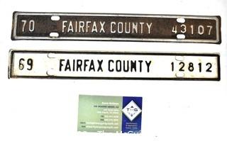 Two (2) Fairfax VA Car License Plate Toppers 1969 & 1970