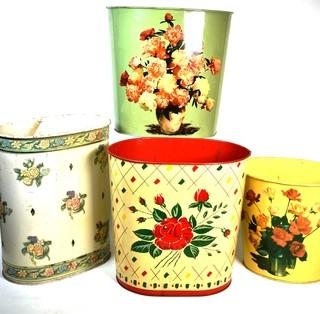 Four (4) Vintage Lithographed Metal Trash  Bins or Cans