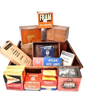 Group of Vintage Boxes of Car Parts in Wooden Tray