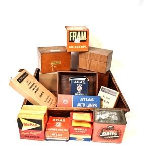 Group of Vintage Boxes of Car Parts in Wooden Tray