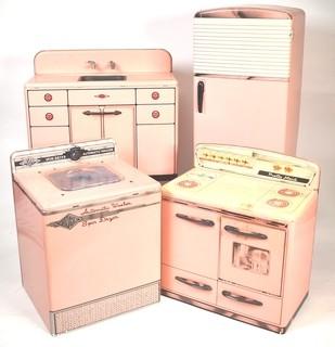 Four (4) Piece Marx Pretty Maid Tin Toy Kitchen Set in Pink