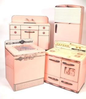 Four (4) Piece Marx Pretty Maid Tin Toy Kitchen Set in Pink