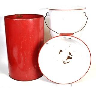 Red Sanette Metal Trash Can and Enamel Pot and Bowl.