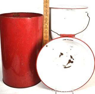 Red Sanette Metal Trash Can and Enamel Pot and Bowl.