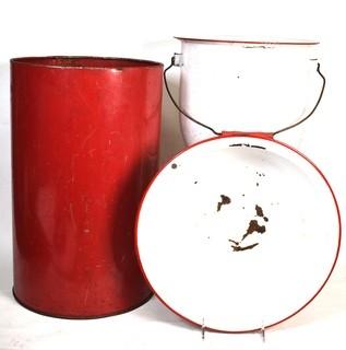 Red Sanette Metal Trash Can and Enamel Pot and Bowl.