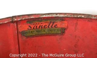 Red Sanette Metal Trash Can and Enamel Pot and Bowl.