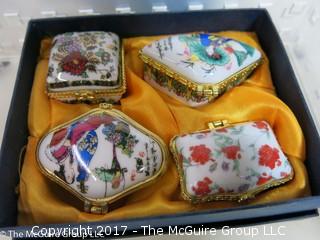 Collection including 4 keepsake boxes, vintage purse, electric heating pad and makeup