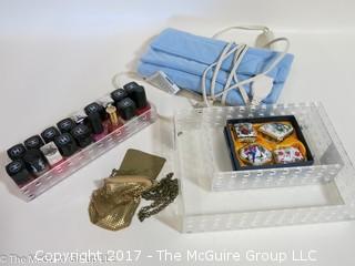 Collection including 4 keepsake boxes, vintage purse, electric heating pad and makeup