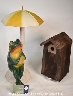 Outdoor Cement Garden Frog with Umbrella and Rustic Bird House. 