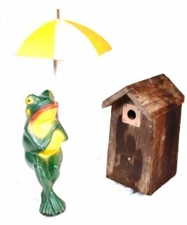 Outdoor Cement Garden Frog with Umbrella and Rustic Bird House. 