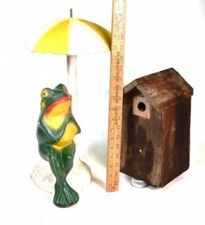 Outdoor Cement Garden Frog with Umbrella and Rustic Bird House. 