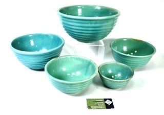 Set of Five (5) Blue Beehive Ringware Weller Pottery Nesting Mixing Bowls 