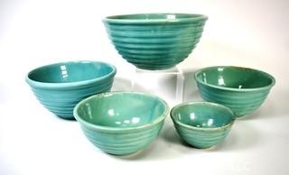 Set of Five (5) Blue Beehive Ringware Weller Pottery Nesting Mixing Bowls 