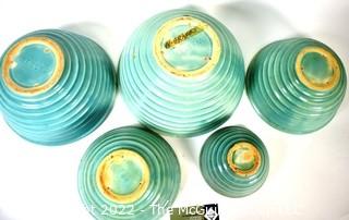 Set of Five (5) Blue Beehive Ringware Weller Pottery Nesting Mixing Bowls 