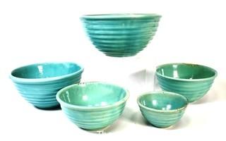 Set of Five (5) Blue Beehive Ringware Weller Pottery Nesting Mixing Bowls 