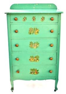 Vintage Five (5) Drawer Green Painted Childs Dresser 