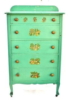 Vintage Five (5) Drawer Green Painted Childs Dresser 