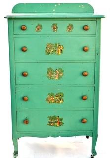 Vintage Five (5) Drawer Green Painted Childs Dresser 