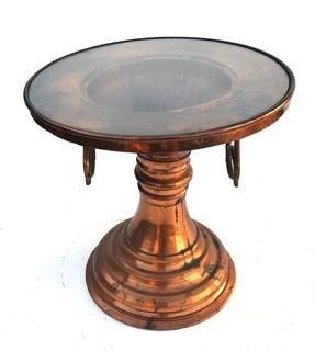 Side Table Made from Hammered Copper Tandoor Oven Base with Glass Insert