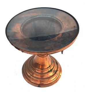 Side Table Made from Hammered Copper Tandoor Oven Base with Glass Insert