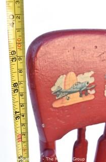 Red Painted Vintage Childs High Chair with Airplane Appliques. 