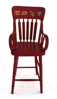 Red Painted Vintage Childs High Chair with Airplane Appliques. 