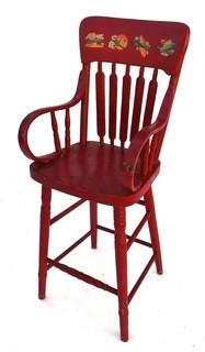 Red Painted Vintage Childs High Chair with Airplane Appliques. 