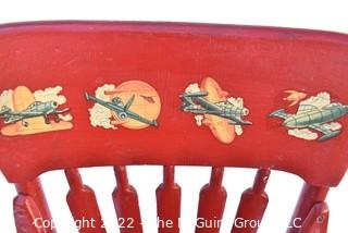 Red Painted Vintage Childs High Chair with Airplane Appliques. 