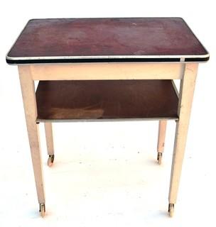 Vintage Wooden Work Table with Lower Shelf on Casters. 11" x 18" x 28".