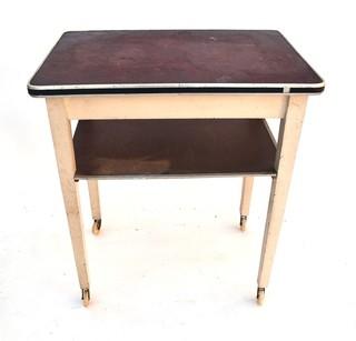 Vintage Wooden Work Table with Lower Shelf on Casters. 11" x 18" x 28".