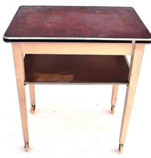 Vintage Wooden Work Table with Lower Shelf on Casters. 11" x 18" x 28".