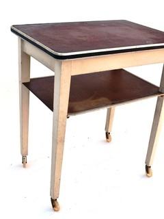 Vintage Wooden Work Table with Lower Shelf on Casters. 11" x 18" x 28".