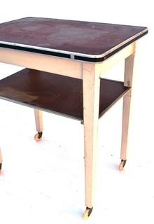 Vintage Wooden Work Table with Lower Shelf on Casters. 11" x 18" x 28".