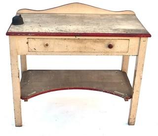 Vintage White with Red Trim Desk with Drawer and Mounted Drafting Lead Sharpener. 19" x 31" x  37" 