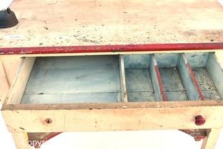 Vintage White with Red Trim Desk with Drawer and Mounted Drafting Lead Sharpener. 19" x 31" x  37" 