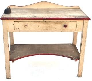 Vintage White with Red Trim Desk with Drawer and Mounted Drafting Lead Sharpener. 19" x 31" x  37" 