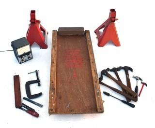 Selection of Hand Tools; Mechanic's Floor Creeper; 2 Jack Stands