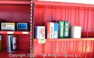 Vintage Red MTY Mighty Service Center Metal Garage Service Station Cabinet.  Includes mystery contents.  No key 13" x 32" x 41".