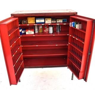 Vintage Red MTY Mighty Service Center Metal Garage Service Station Cabinet.  Includes mystery contents.  No key 13" x 32" x 41".