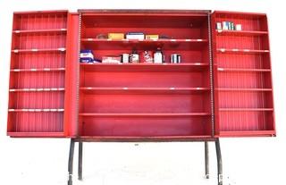 Vintage Red MTY Mighty Service Center Metal Garage Service Station Cabinet.  Includes mystery contents.  No key 13" x 32" x 41".