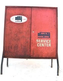 Vintage Red MTY Mighty Service Center Metal Garage Service Station Cabinet.  Includes mystery contents.  No key 13" x 32" x 41".