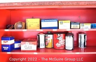 Vintage Red MTY Mighty Service Center Metal Garage Service Station Cabinet.  Includes mystery contents.  No key 13" x 32" x 41".