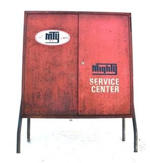 Vintage Red MTY Mighty Service Center Metal Garage Service Station Cabinet.  Includes mystery contents.  No key 13" x 32" x 41".