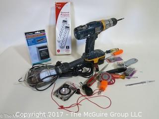 Collection of tools including Ryobi cordless screw gun