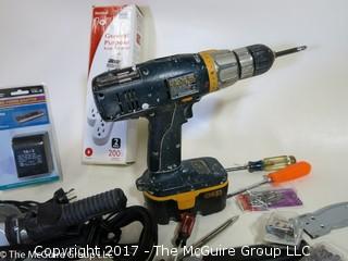 Collection of tools including Ryobi cordless screw gun