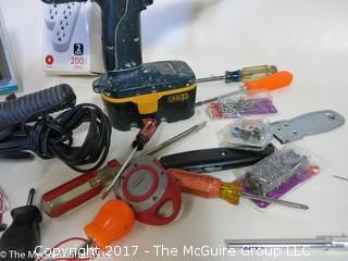 Collection of tools including Ryobi cordless screw gun