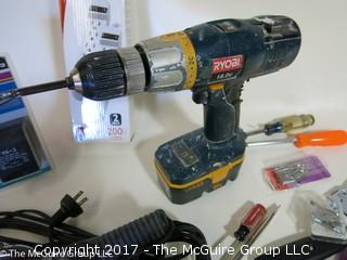 Collection of tools including Ryobi cordless screw gun